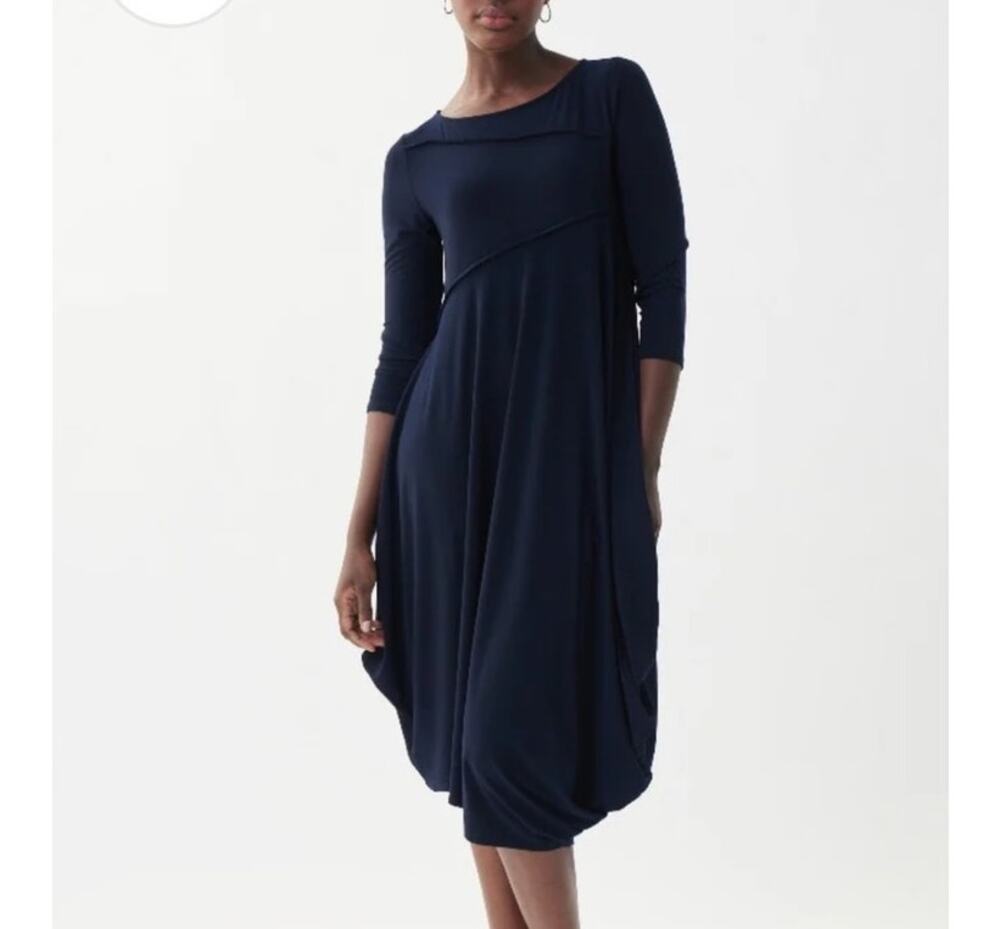 Joseph Ribkoff Navy Dress Women's Size 10 Bubble 3/4 Sleeve Stretch Scoop Neck